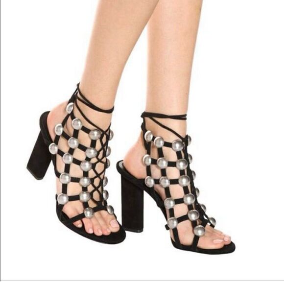 Alexander‎ Wang Rubie studded lace up Sandals heels Sz 38.5 black boho gladiator - Picture 1 of 14